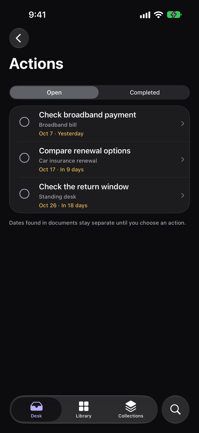 The Actions list in dark mode, with three open actions and the dates they are due
