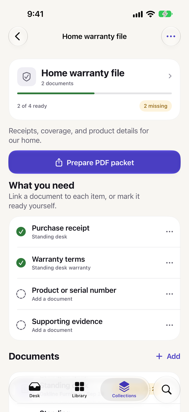 A Home warranty file collection with a checklist showing two of four items ready and a Prepare PDF packet button