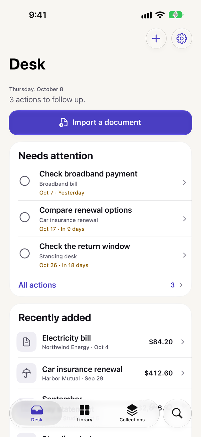 Essential Scan's Desk on iPhone, with three actions that need attention and recently added documents with their amounts
