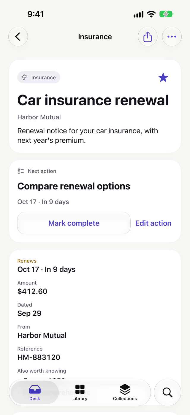 A car insurance renewal with its next action, renewal date, amount, sender and reference number