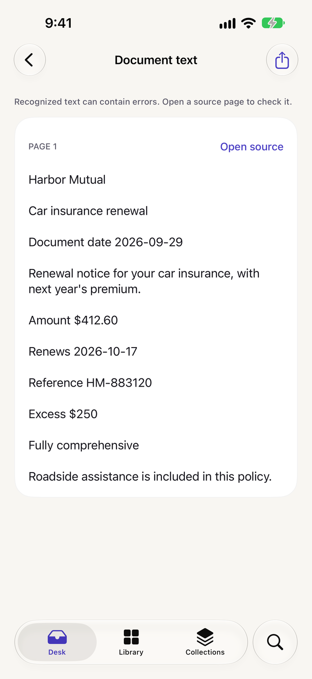 Recognized text from page one of a document, with a link to open the source page